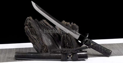 T10 Steel Clay Tempered Japanese Tanto Black Samurai Sword Full Tang Abrasive Blade.