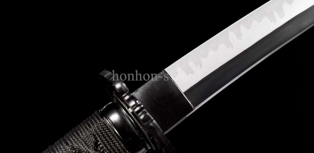T10 Steel Clay Tempered Japanese Tanto Black Samurai Sword Full Tang Abrasive Blade.