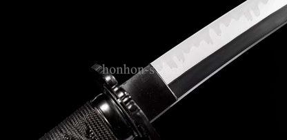 T10 Steel Clay Tempered Japanese Tanto Black Samurai Sword Full Tang Abrasive Blade.