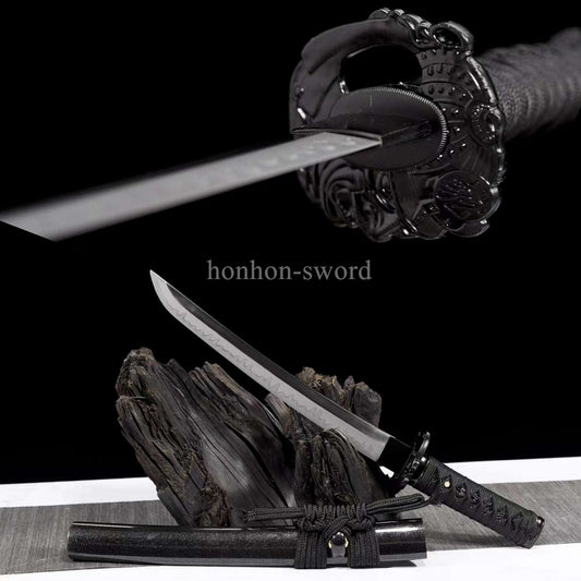 T10 Steel Clay Tempered Japanese Tanto Black Samurai Sword Full Tang Abrasive Blade.