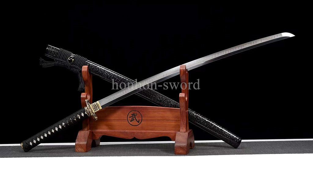 1095 Kohlenstoffstahl Katana Blaue Klinge Japanisches Samurai-Schwert Full Tang Schwarz 