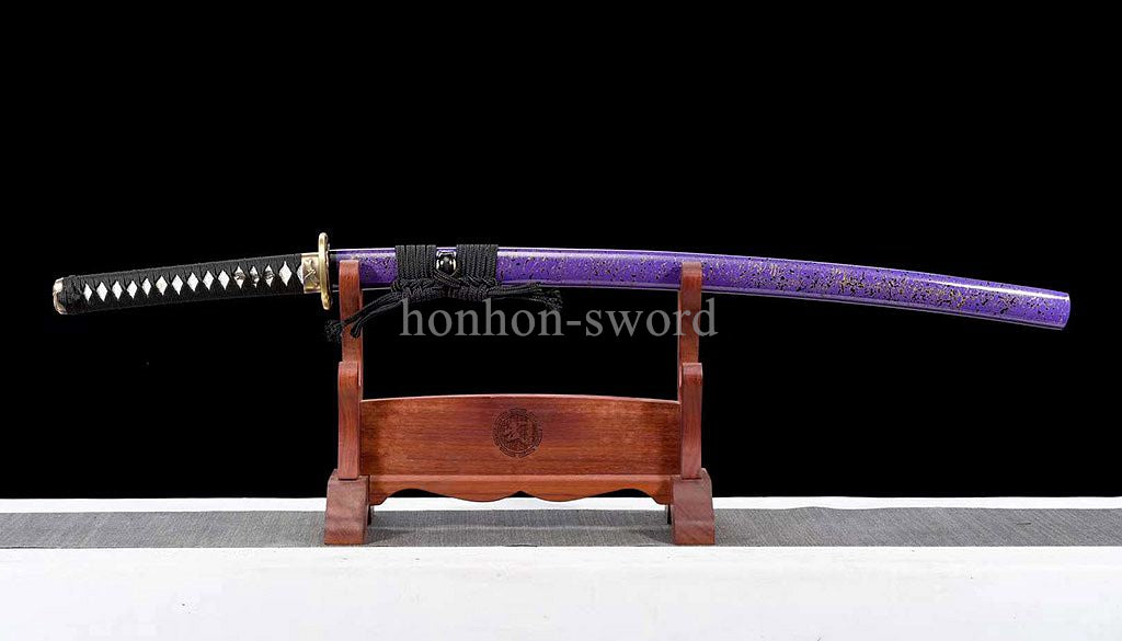Japanese Katana T10 Steel Clay Tempered Samurai Sword Sharp Brass Tsuba Purple.