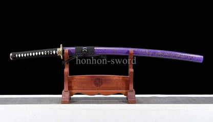 Japanese Katana T10 Steel Clay Tempered Samurai Sword Sharp Brass Tsuba Purple.