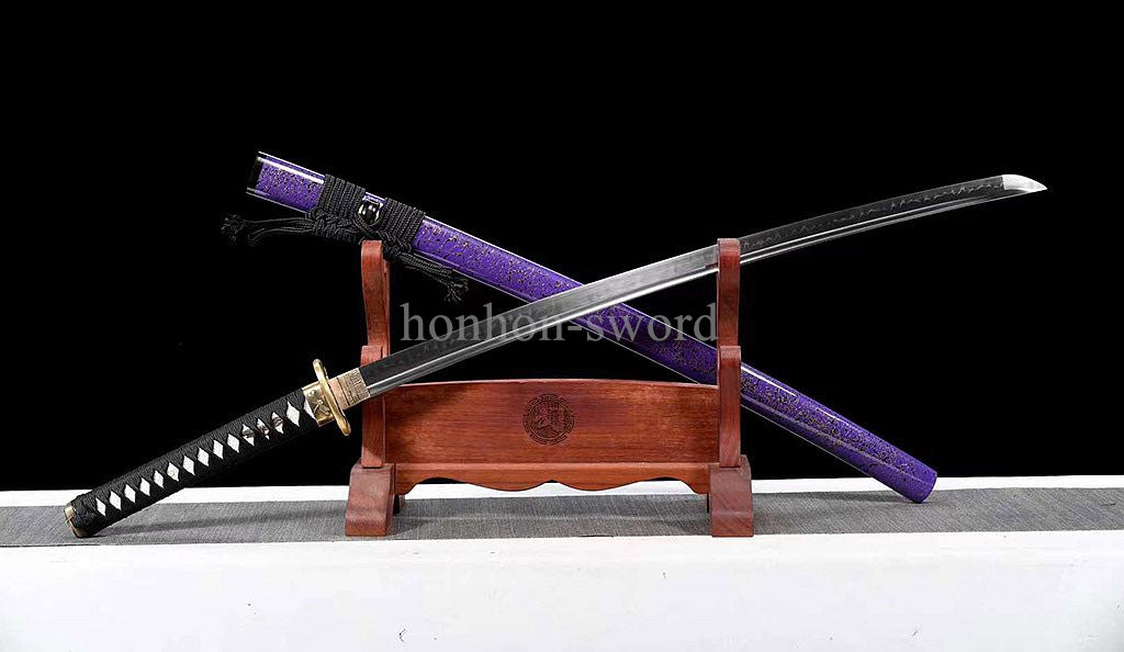 Japanese Katana T10 Steel Clay Tempered Samurai Sword Sharp Brass Tsuba Purple.