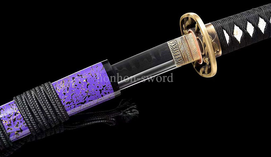 Japanese Katana T10 Steel Clay Tempered Samurai Sword Sharp Brass Tsuba Purple.
