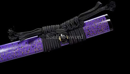Japanese Katana T10 Steel Clay Tempered Samurai Sword Sharp Brass Tsuba Purple.