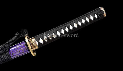 Japanese Katana T10 Steel Clay Tempered Samurai Sword Sharp Brass Tsuba Purple.