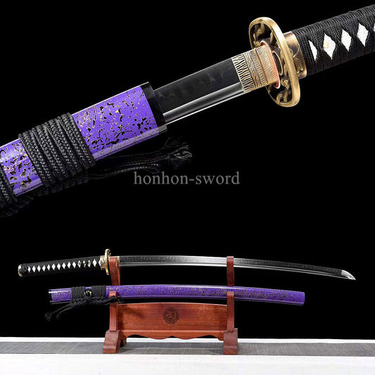1095 Kohlenstoffstahl Katana Blaue Klinge Japanisches Samurai-Schwert Full Tang Schwarz 