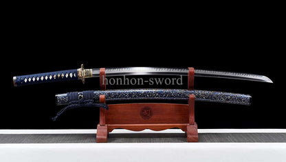 Katana à lame bleue en acier à haute teneur en carbone 1095, épée de samouraï japonais, épée complète noire 