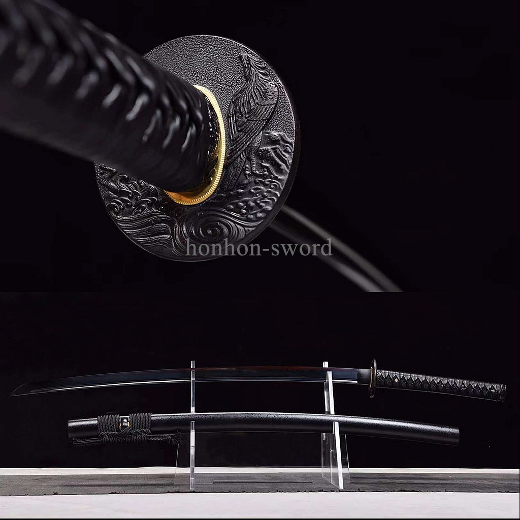 Katana à lame bleue en acier à haute teneur en carbone 1095, épée de samouraï japonais, épée complète noire 