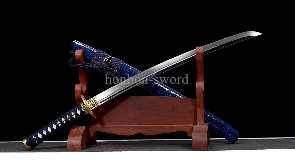 1095 Kohlenstoffstahl Katana Blaue Klinge Japanisches Samurai-Schwert Full Tang Schwarz 