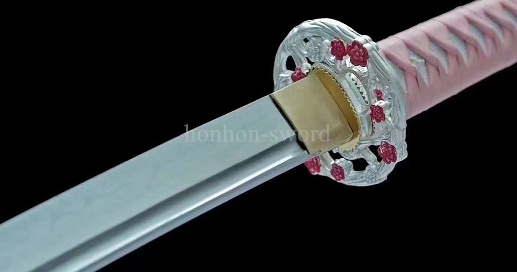 Japanese Pink Sakura Sword T10 Steel Clay Tempered Lady Samurai Katana Sharp Full Tang.