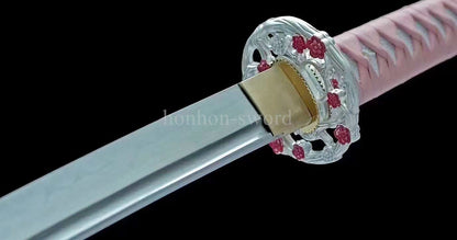 Japanese Pink Sakura Sword T10 Steel Clay Tempered Lady Samurai Katana Sharp Full Tang.