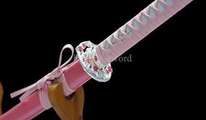 Japanese Pink Sakura Sword T10 Steel Clay Tempered Lady Samurai Katana Sharp Full Tang.