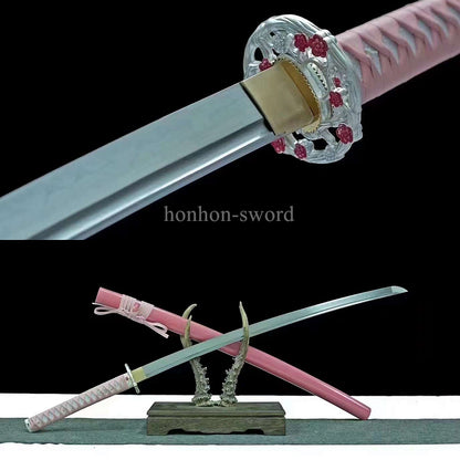Japanese Pink Sakura Sword T10 Steel Clay Tempered Lady Samurai Katana Sharp Full Tang.