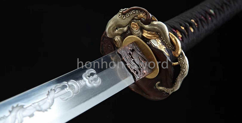 26inch Japanese Katana Chinese Tamahagane Steel Clay Tempered Three Tone Polished Blade Dragon Engraving
