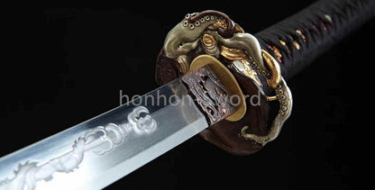 26inch Japanese Katana Chinese Tamahagane Steel Clay Tempered Three Tone Polished Blade Dragon Engraving