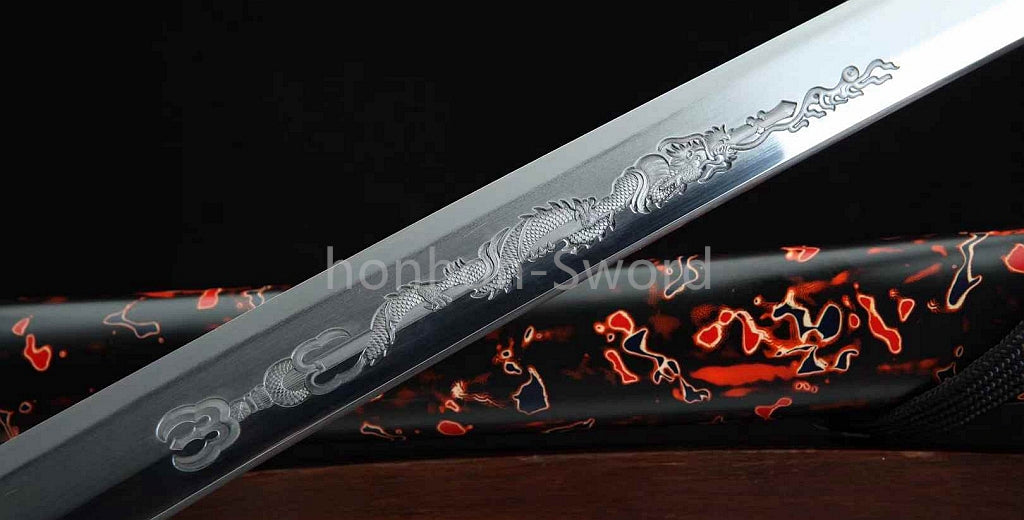 26inch Japanese Katana Chinese Tamahagane Steel Clay Tempered Three Tone Polished Blade Dragon Engraving