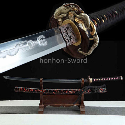 26inch Japanese Katana Chinese Tamahagane Steel Clay Tempered Three Tone Polished Blade Dragon Engraving