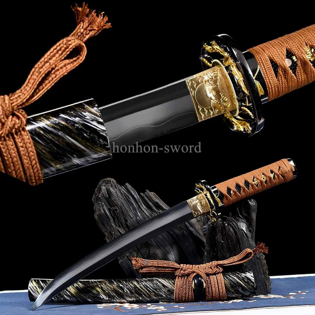 Japanese Tanto Abrasive T10 Steel Clay Tempered Real Hamon Samurai Sword Full Tang