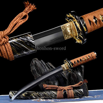 Japanese Tanto Abrasive T10 Steel Clay Tempered Real Hamon Samurai Sword Full Tang