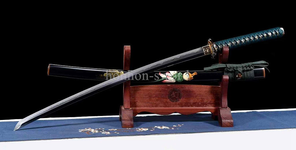 1095 Kohlenstoffstahl Katana Blaue Klinge Japanisches Samurai-Schwert Full Tang Schwarz 