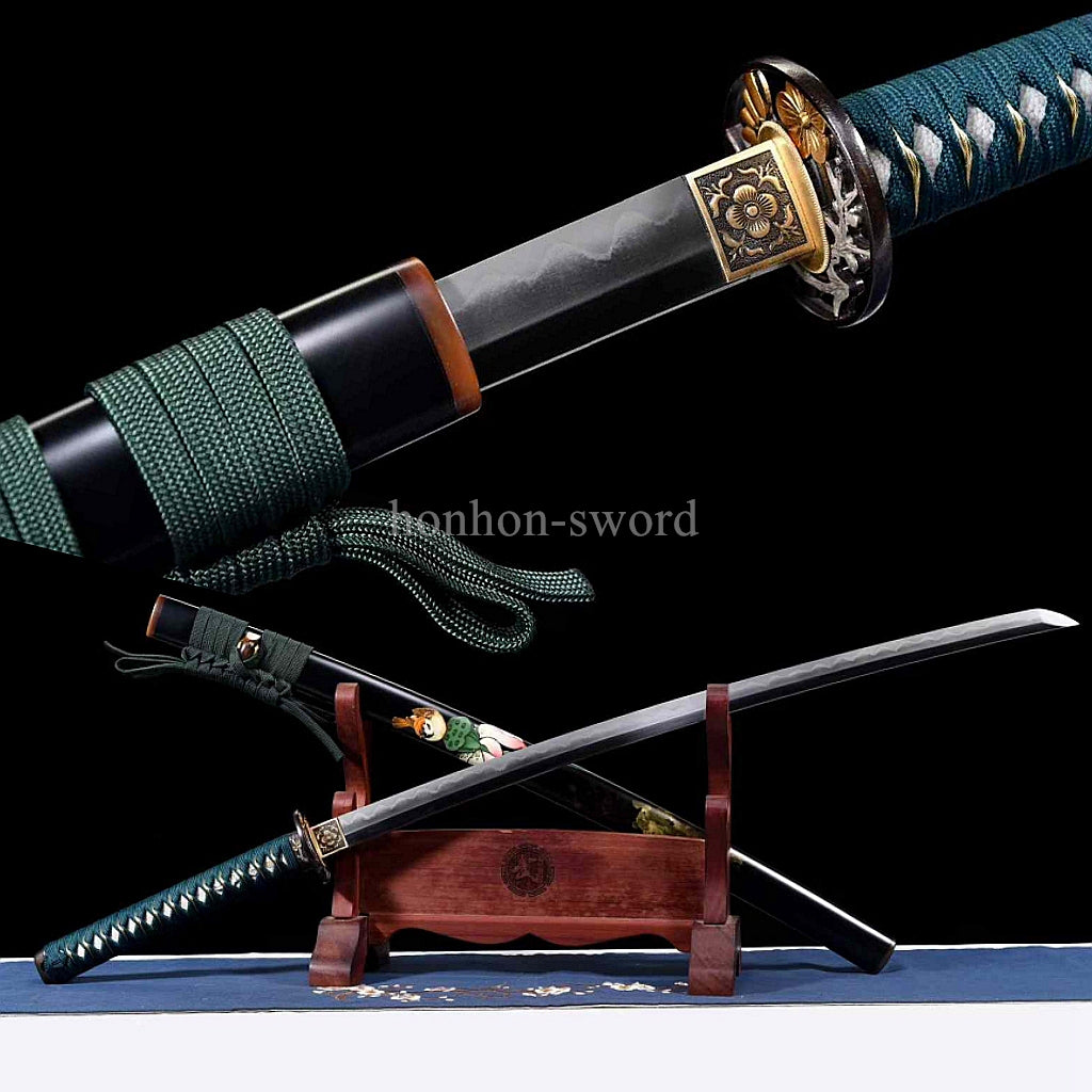 1095 Kohlenstoffstahl Katana Blaue Klinge Japanisches Samurai-Schwert Full Tang Schwarz 