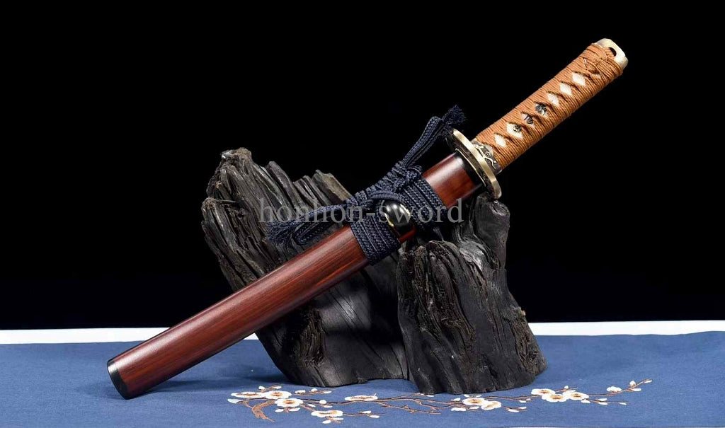 12'' T10 Steel Clay Tempered Japanese Tanto Mirror Blade Samurai Sword Brass Red