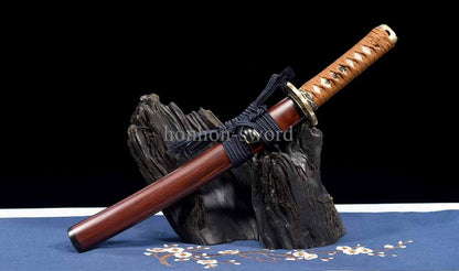 12'' T10 Steel Clay Tempered Japanese Tanto Mirror Blade Samurai Sword Brass Red