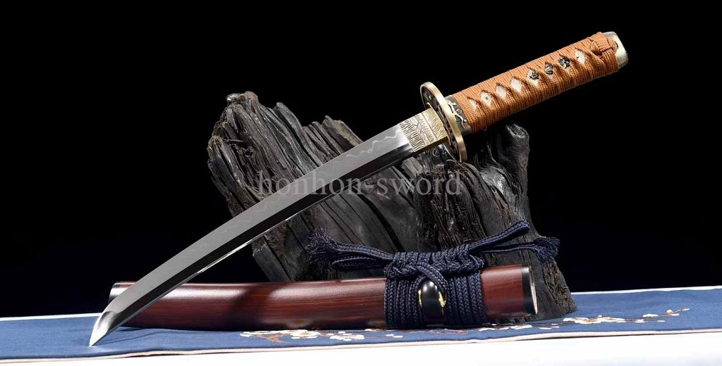 12'' T10 Steel Clay Tempered Japanese Tanto Mirror Blade Samurai Sword Brass Red