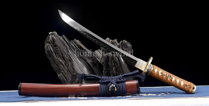 12'' T10 Steel Clay Tempered Japanese Tanto Mirror Blade Samurai Sword Brass Red