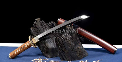 12'' T10 Steel Clay Tempered Japanese Tanto Mirror Blade Samurai Sword Brass Red