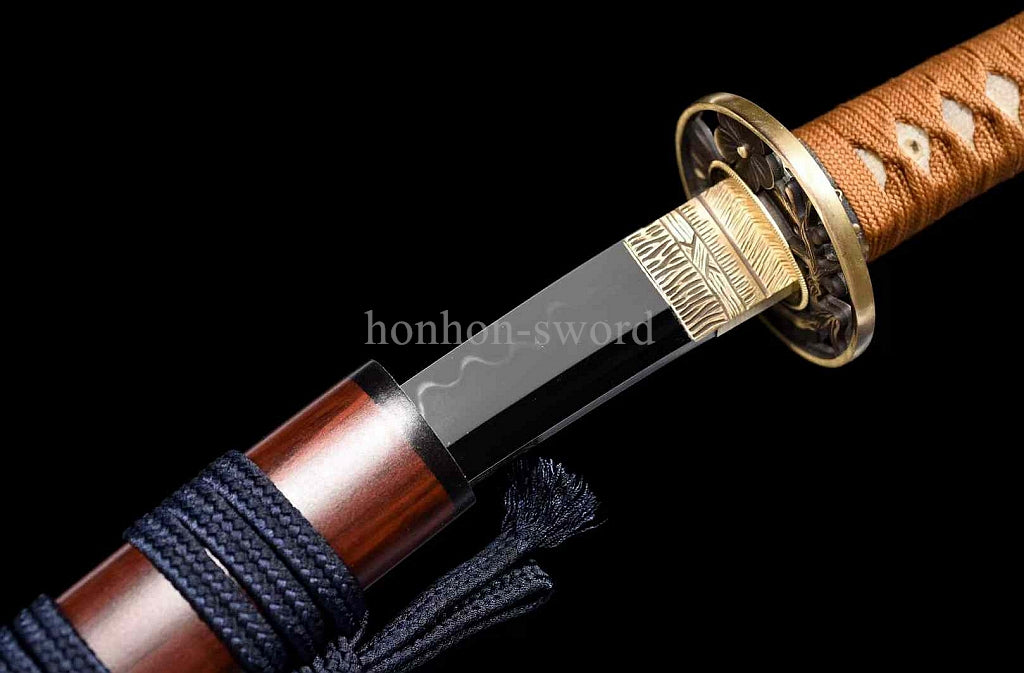 12'' T10 Steel Clay Tempered Japanese Tanto Mirror Blade Samurai Sword Brass Red