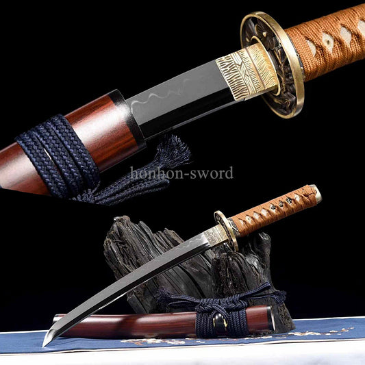 12'' T10 Steel Clay Tempered Japanese Tanto Mirror Blade Samurai Sword Brass Red