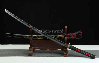 Katana à lame bleue en acier à haute teneur en carbone 1095, épée de samouraï japonais, épée complète noire 