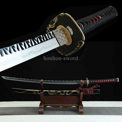 Katana à lame bleue en acier à haute teneur en carbone 1095, épée de samouraï japonais, épée complète noire 