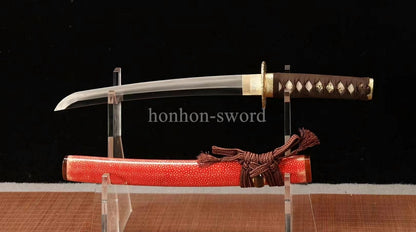 12''Wootz Steel Clay Tempered Japanese Tanto Abrasive Brass Sword Rayskin Sheath Full Tang
