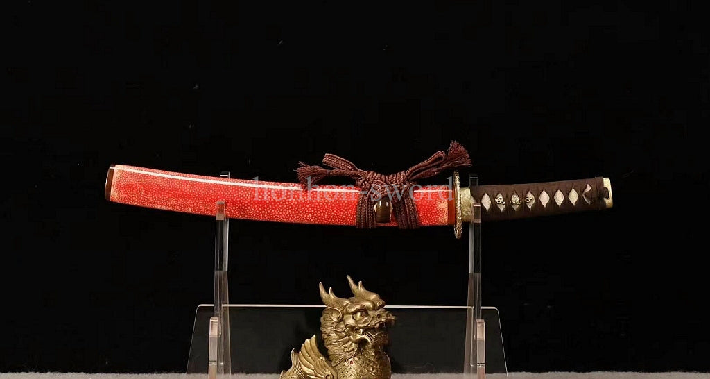 12''Wootz Steel Clay Tempered Japanese Tanto Abrasive Brass Sword Rayskin Sheath Full Tang