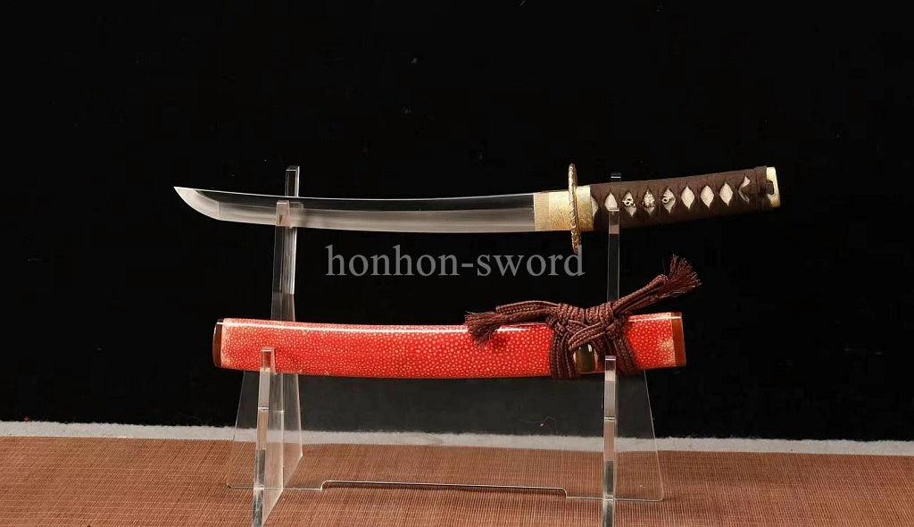 12''Wootz Steel Clay Tempered Japanese Tanto Abrasive Brass Sword Rayskin Sheath Full Tang