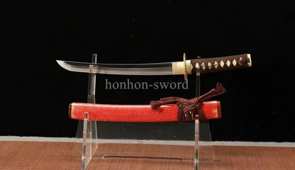 12''Wootz Steel Clay Tempered Japanese Tanto Abrasive Brass Sword Rayskin Sheath Full Tang