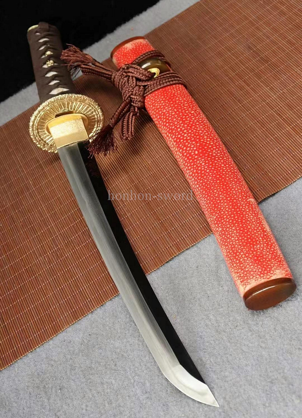 12''Wootz Steel Clay Tempered Japanese Tanto Abrasive Brass Sword Rayskin Sheath Full Tang