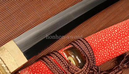 12''Wootz Steel Clay Tempered Japanese Tanto Abrasive Brass Sword Rayskin Sheath Full Tang