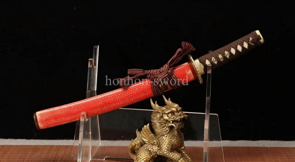 12''Wootz Steel Clay Tempered Japanese Tanto Abrasive Brass Sword Rayskin Sheath Full Tang