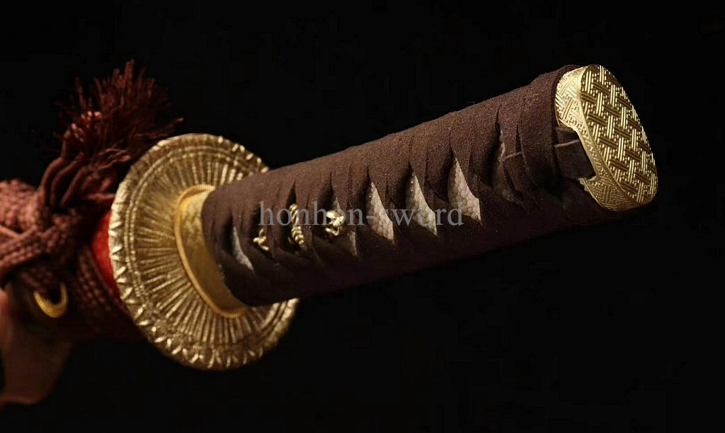 12''Wootz Steel Clay Tempered Japanese Tanto Abrasive Brass Sword Rayskin Sheath Full Tang