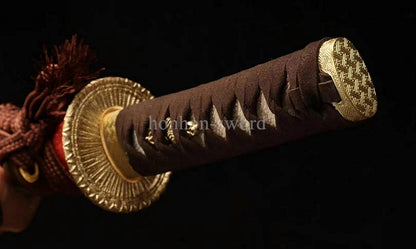 12''Wootz Steel Clay Tempered Japanese Tanto Abrasive Brass Sword Rayskin Sheath Full Tang
