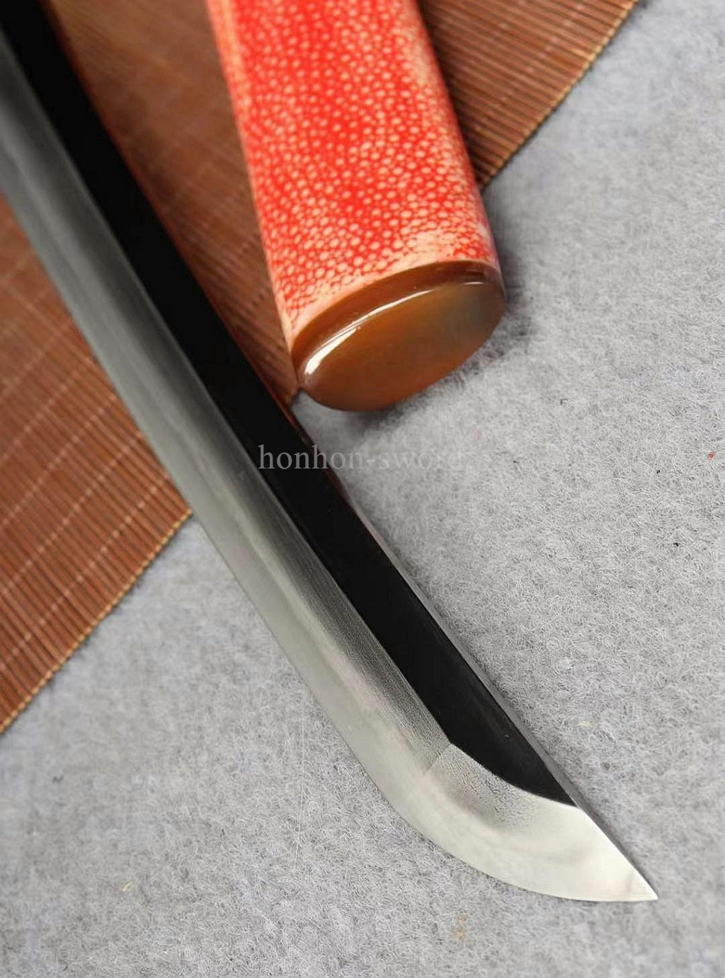 12''Wootz Steel Clay Tempered Japanese Tanto Abrasive Brass Sword Rayskin Sheath Full Tang