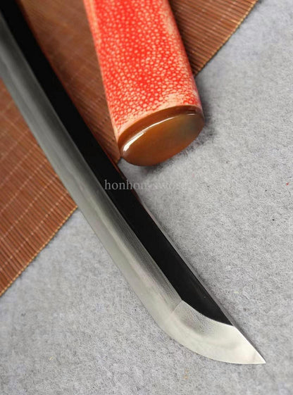 12''Wootz Steel Clay Tempered Japanese Tanto Abrasive Brass Sword Rayskin Sheath Full Tang