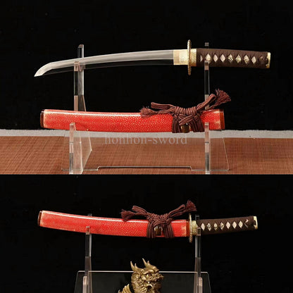 12''Wootz Steel Clay Tempered Japanese Tanto Abrasive Brass Sword Rayskin Sheath Full Tang