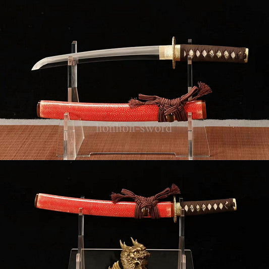 12''Wootz Steel Clay Tempered Japanese Tanto Abrasive Brass Sword Rayskin Sheath Full Tang