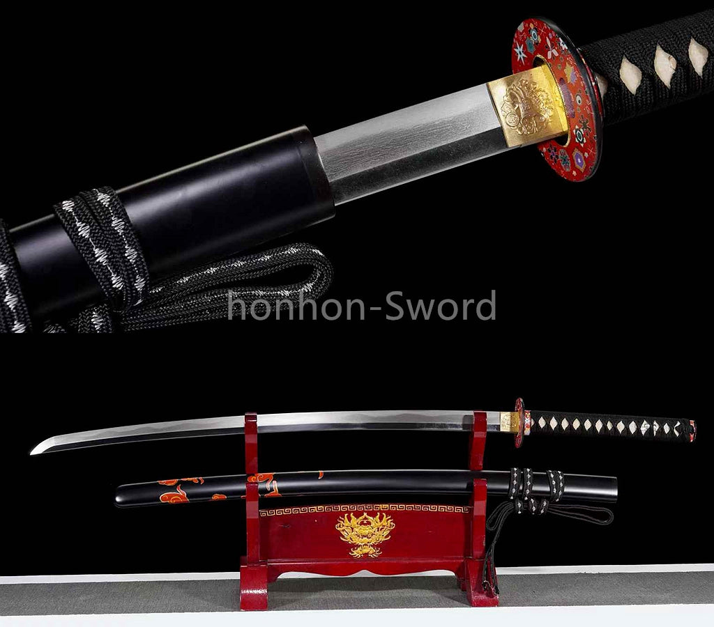 1095 Kohlenstoffstahl Katana Blaue Klinge Japanisches Samurai-Schwert Full Tang Schwarz 